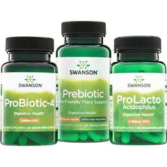 SWA010 | three green Swanson supplement bottles labeled Prebiotic, ProBiotic-4, and ProLacto Acidophilus