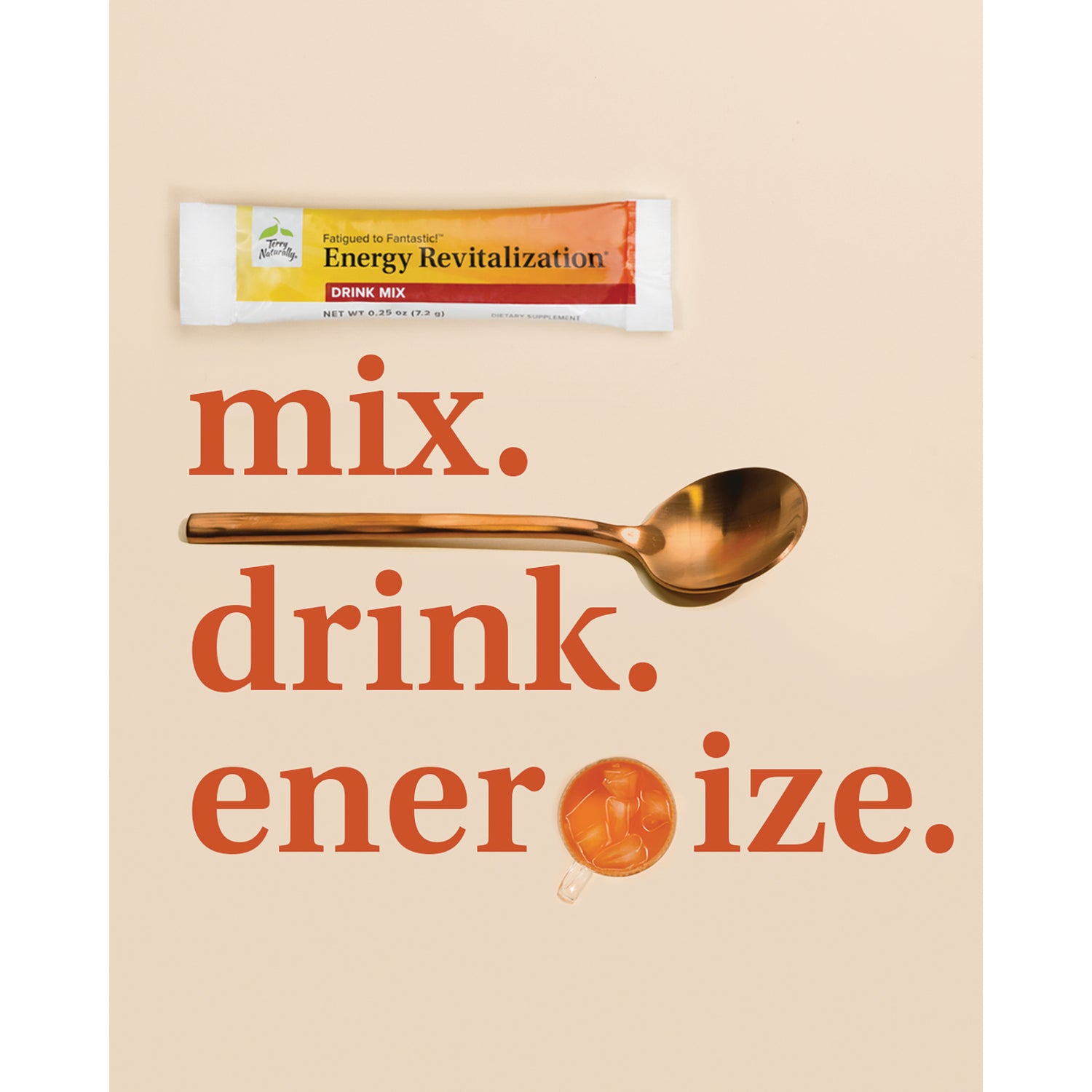 EUR076 | Energy Revitalization drink mix packet with spoon and cup, featuring mix drink energize text