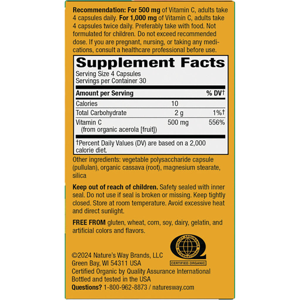NW649 | Back panel with Supplement Facts showing Vitamin C 500 mg, serving size 4 capsules, ingredients and warnings - Thumbnail