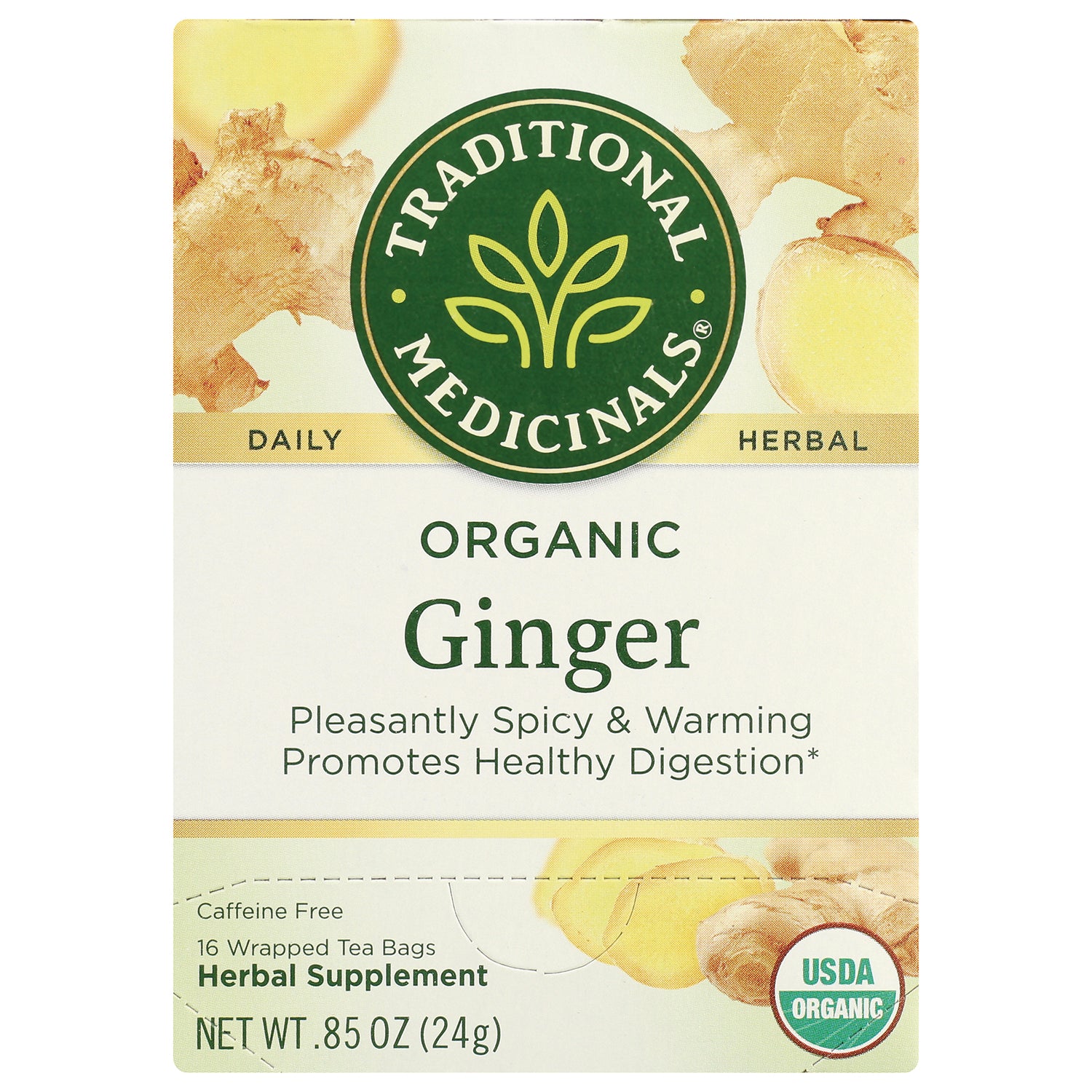 TMD018 | Traditional Medicinals Organic Ginger herbal tea, caffeine free, 16 wrapped tea bags, USDA Organic