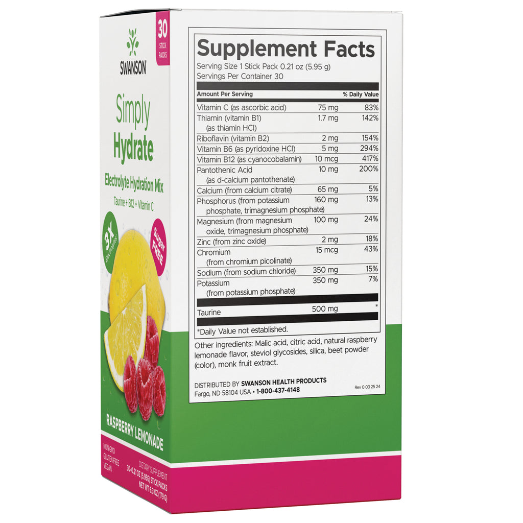 SW1934 | Supplement Facts panel for Swanson Simply Hydrate electrolyte hydration mix, Raspberry Lemonade - Thumbnail