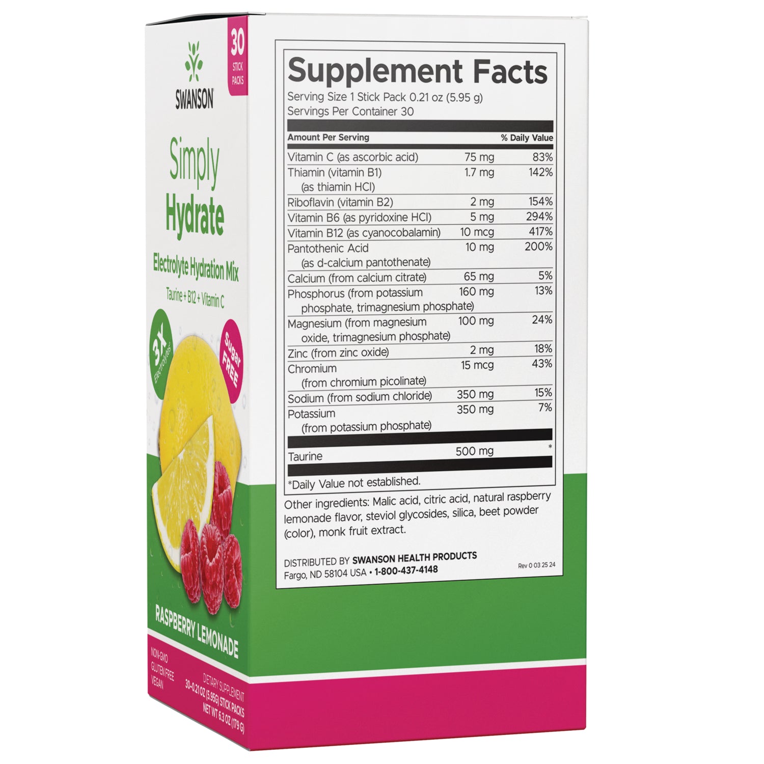 SW1934 | Supplement Facts panel for Swanson Simply Hydrate electrolyte hydration mix, Raspberry Lemonade