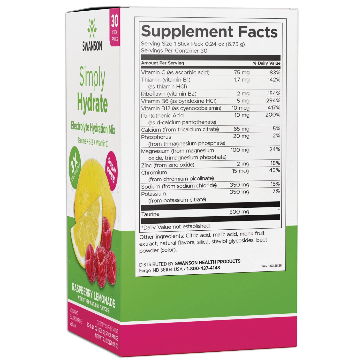 SW1934 | Supplement Facts panel for Swanson Simply Hydrate electrolyte hydration mix, Raspberry Lemonade