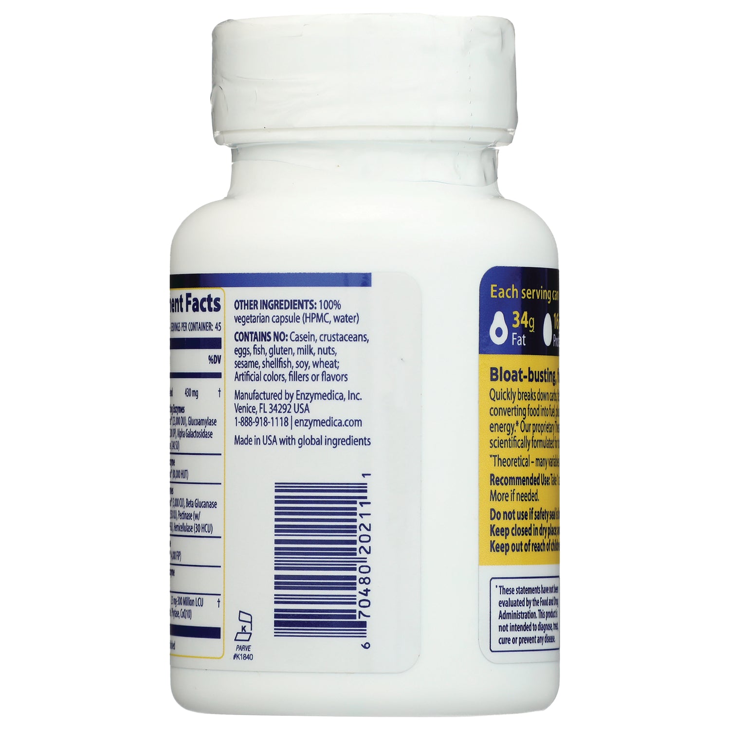 EMD008 | Back label of white supplement bottle showing ingredient list, barcode, and warnings