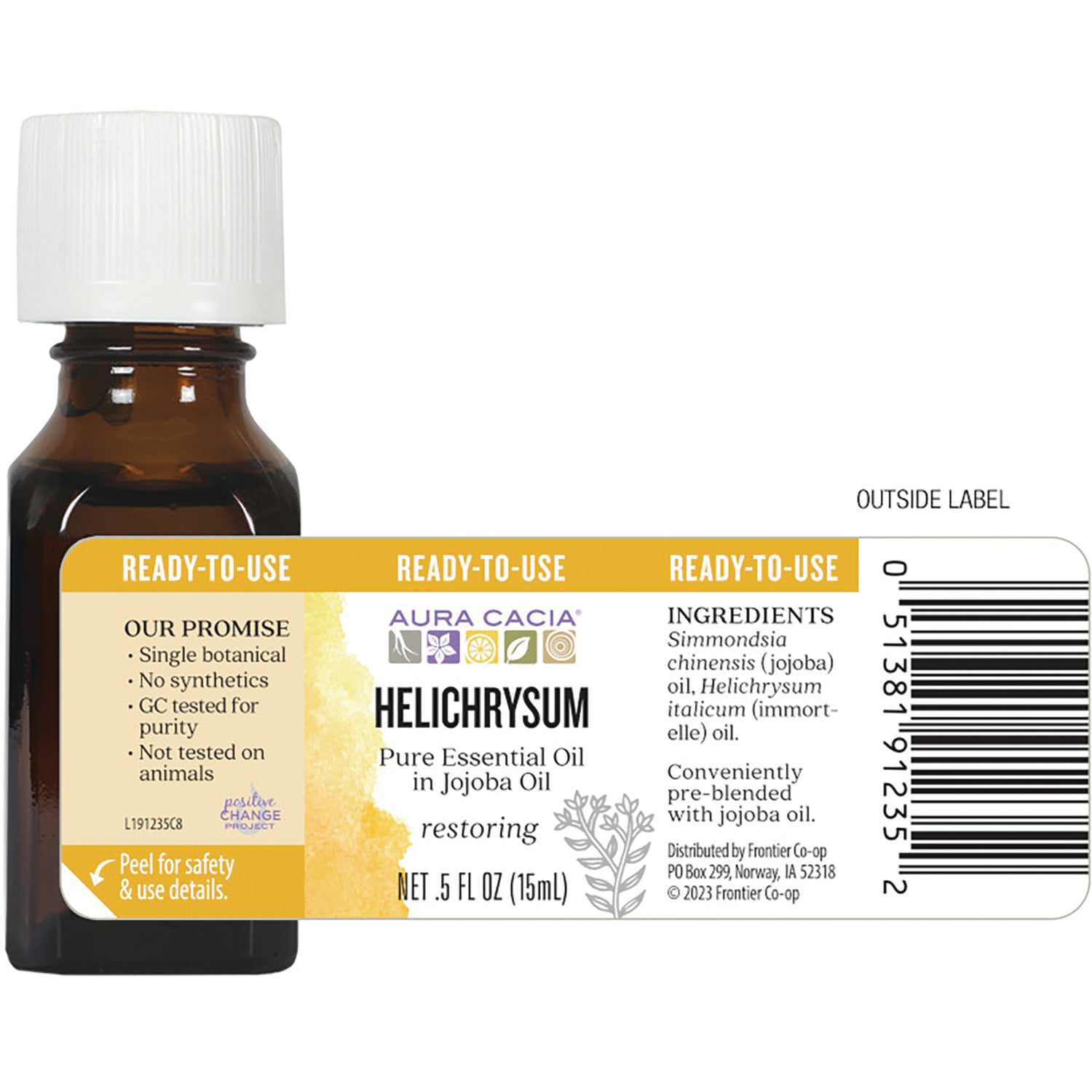 ARC178 | Back label of Helichrysum pure essential oil bottle showing ingredients, barcode, and Ready-to-Use header