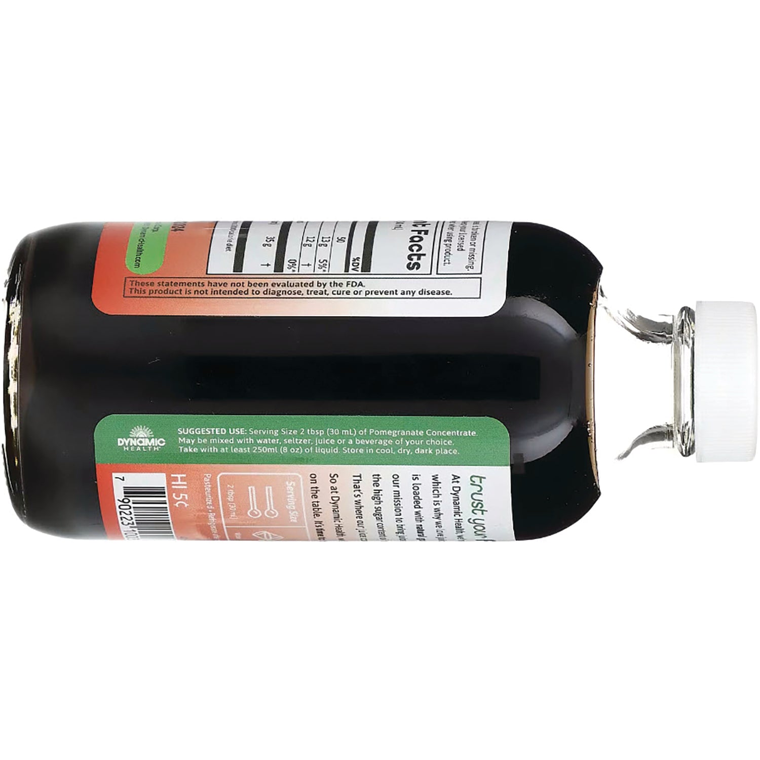 DYH019 | Back label with nutrition facts and suggested use on dark glass bottle with white cap