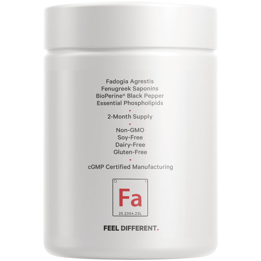 CDG057 | back label of white supplement jar listing Fadogia Agrestis and claims Non-GMO, soy-free, dairy-free, gluten-free - Thumbnail