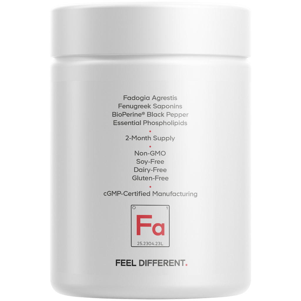 CDG057 | back label of white supplement jar listing Fadogia Agrestis and claims Non-GMO, soy-free, dairy-free, gluten-free - Thumbnail