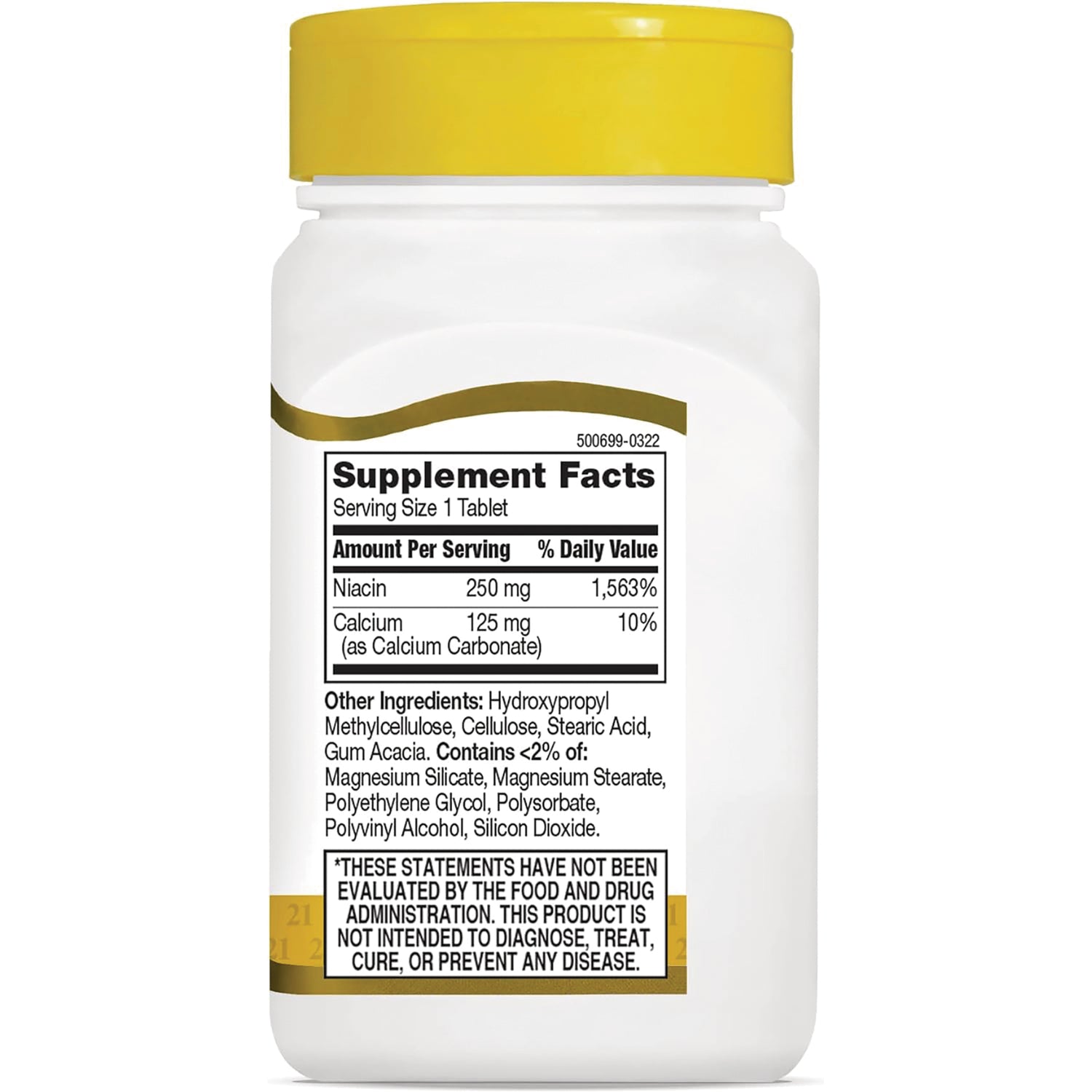 CNT108 | back of white supplement bottle with yellow cap showing Supplement Facts label listing Niacin 250 mg and Calcium 125 mg
