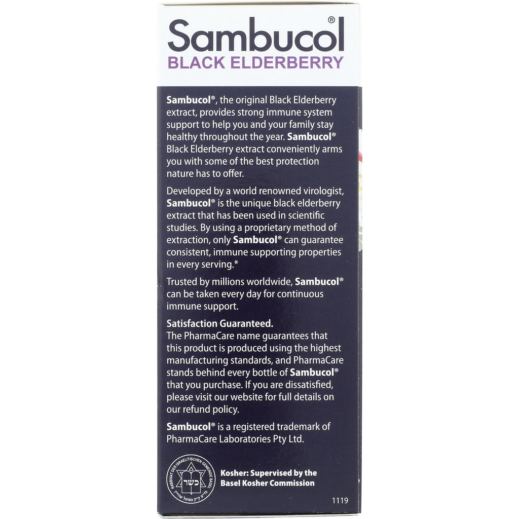 SMB001 | Sambucol Black Elderberry side panel with immune support description and Kosher seal - Thumbnail