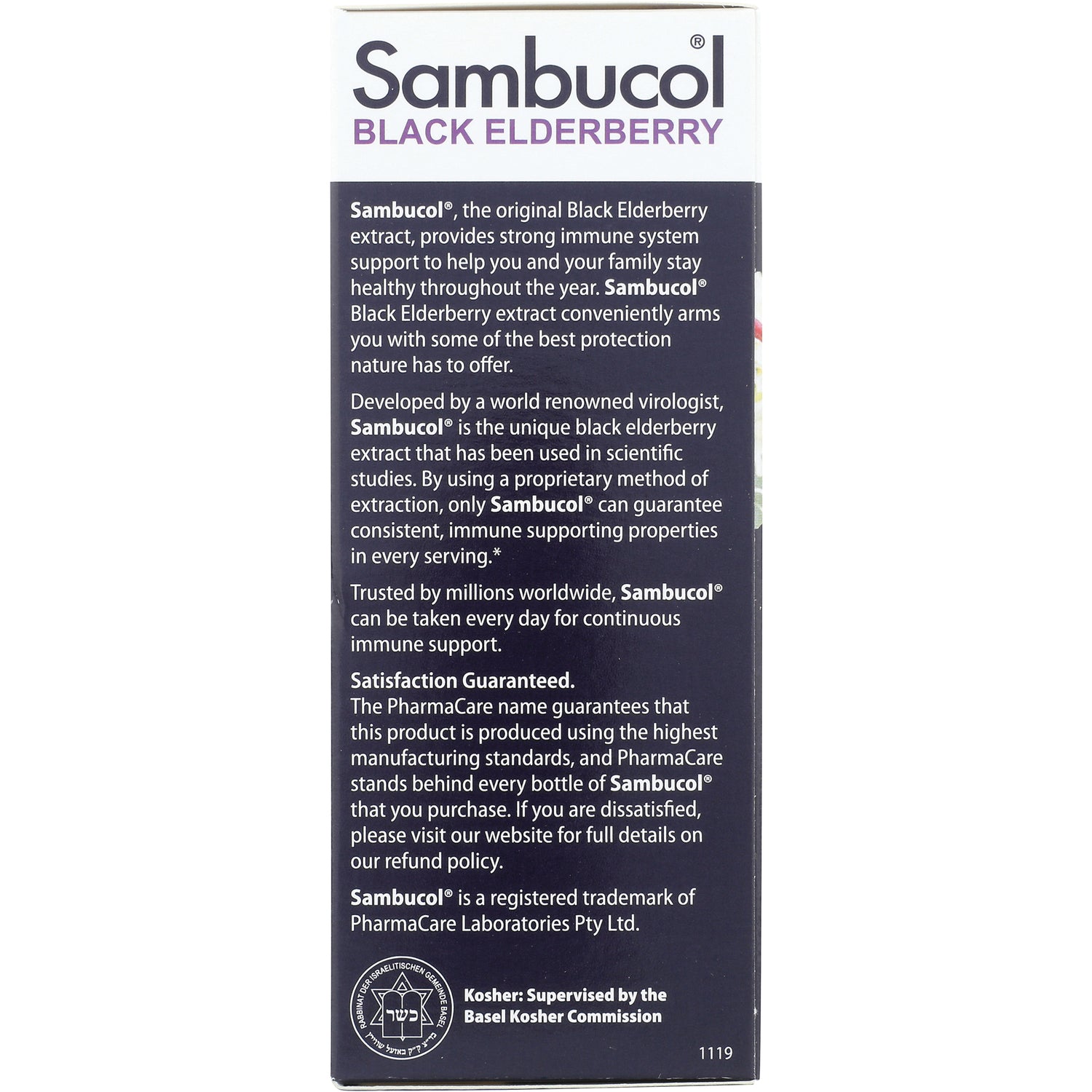 SMB001 | Sambucol Black Elderberry side panel with immune support description and Kosher seal