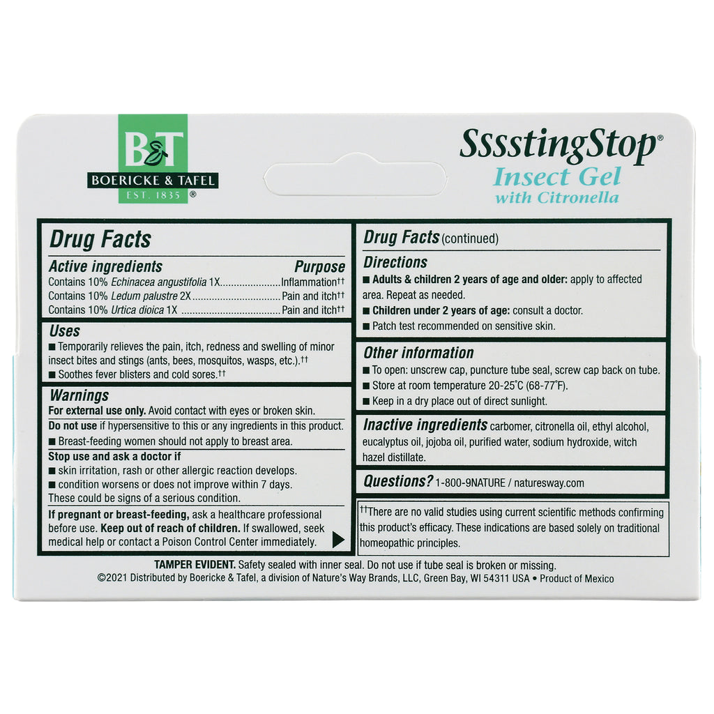 BRK016 | Back panel showing Drug Facts, uses, warnings, directions and inactive ingredients on SssstingStop Insect Gel packaging - Thumbnail