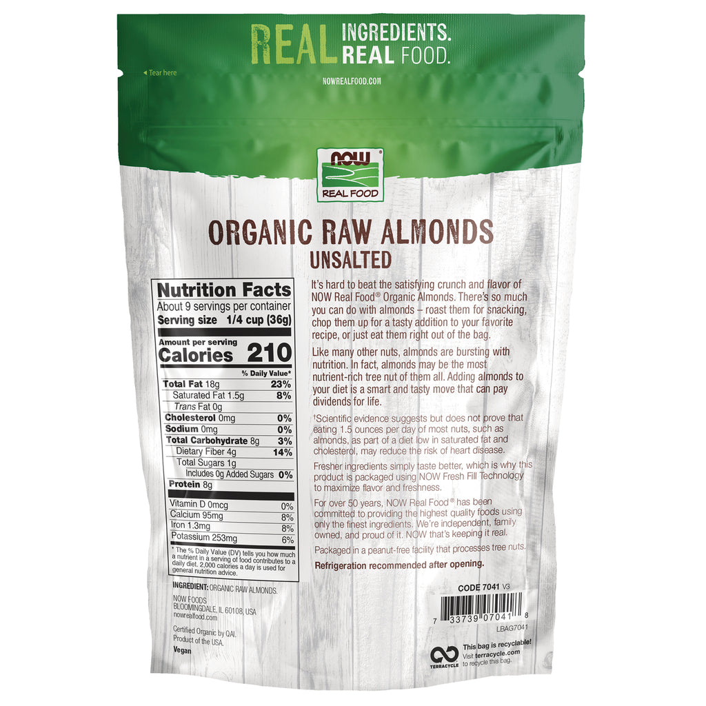 NWF1411 | Back of NOW Real Food Organic Raw Almonds unsalted pouch showing nutrition facts and product information - Thumbnail