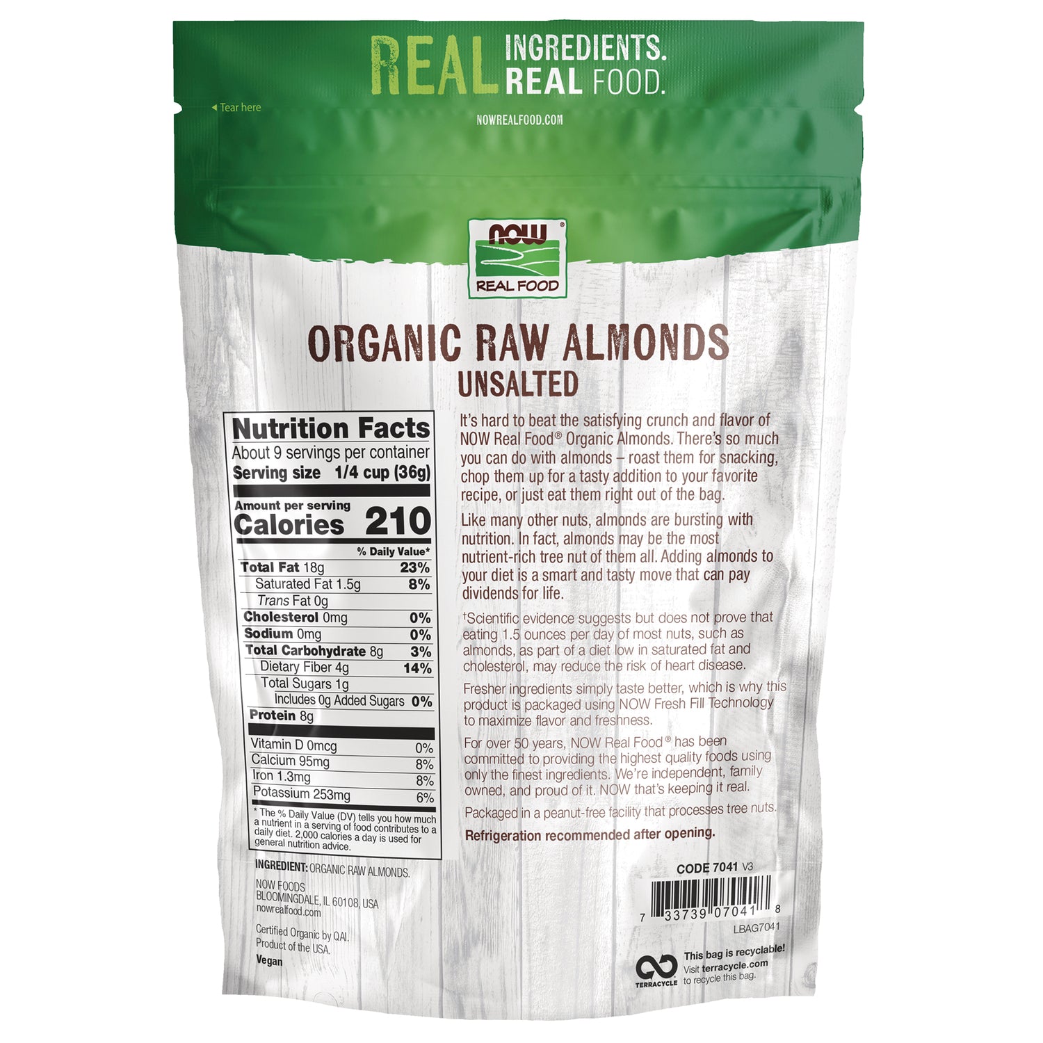 NWF1411 | Back of NOW Real Food Organic Raw Almonds unsalted pouch showing nutrition facts and product information