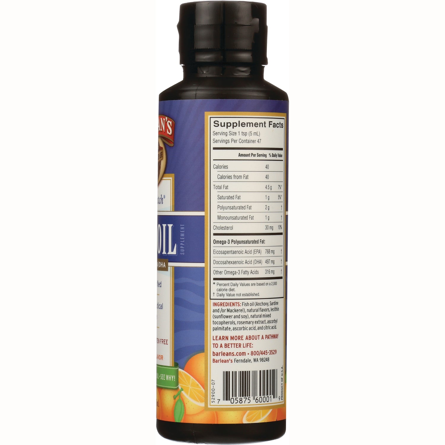 BAR041 | Bottle back showing Supplement Facts panel, nutrition details, and ingredients label