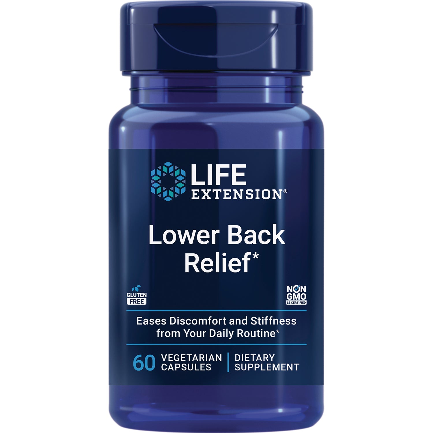 LE595 | Life Extension Lower Back Relief supplement bottle, 60 vegetarian capsules