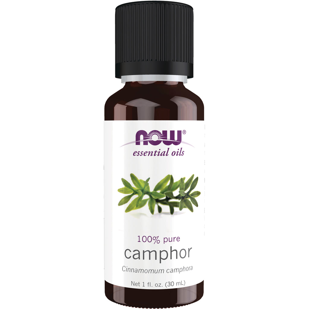 NWF186 | NOW essential oils camphor 100% pure 1 fl oz brown glass bottle with label showing plant - Thumbnail