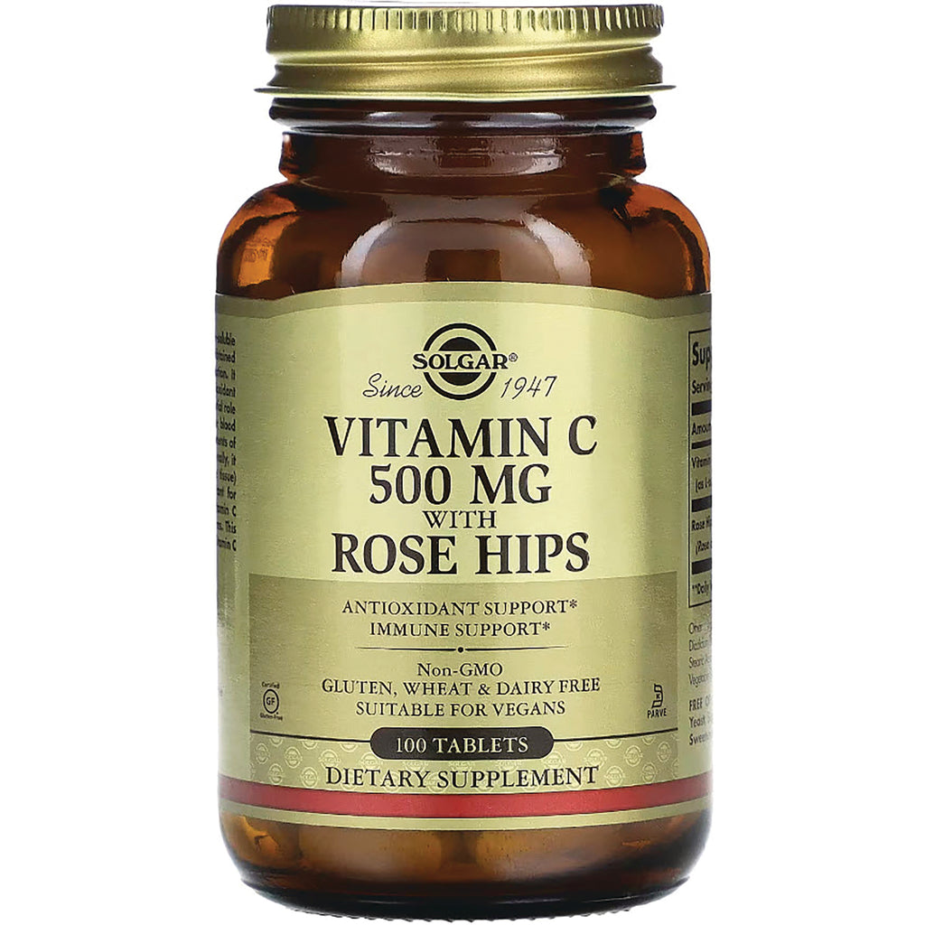 SLG306 | Solgar amber bottle labeled VITAMIN C 500 MG with ROSE HIPS, 100 tablets dietary supplement - Thumbnail