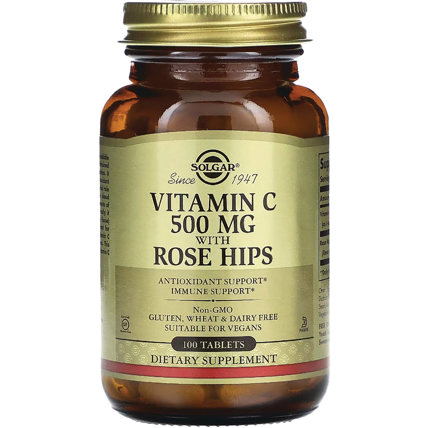 SLG306 | Solgar amber bottle labeled VITAMIN C 500 MG with ROSE HIPS, 100 tablets dietary supplement