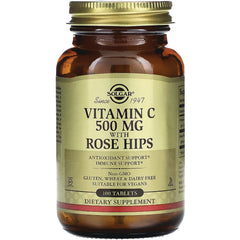 SLG306 | Solgar amber bottle labeled VITAMIN C 500 MG with ROSE HIPS, 100 tablets dietary supplement