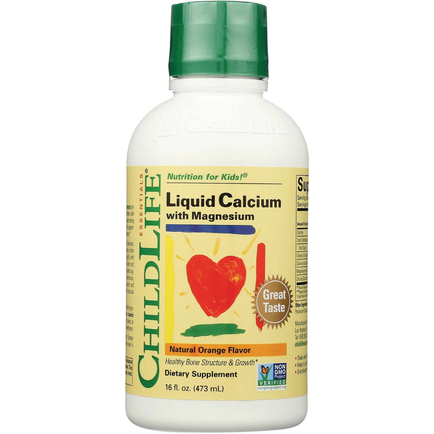 CHL001 | ChildLife Liquid Calcium with Magnesium 16 fl oz bottle, natural orange flavor front label with red heart illustration