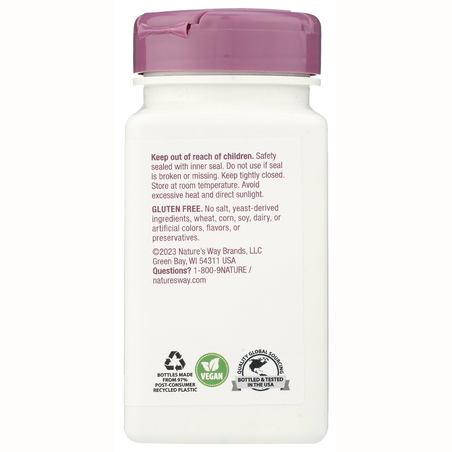NW091 | Back label showing safety warnings, gluten free statement, contact info and vegan and recycling logos