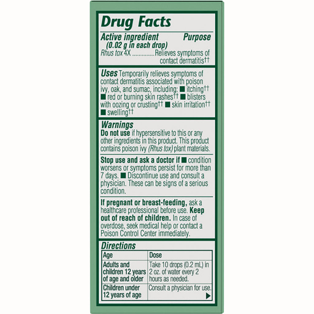 BRK054 | Drug Facts back panel showing active ingredient Rhus tox, uses, warnings and directions - Thumbnail