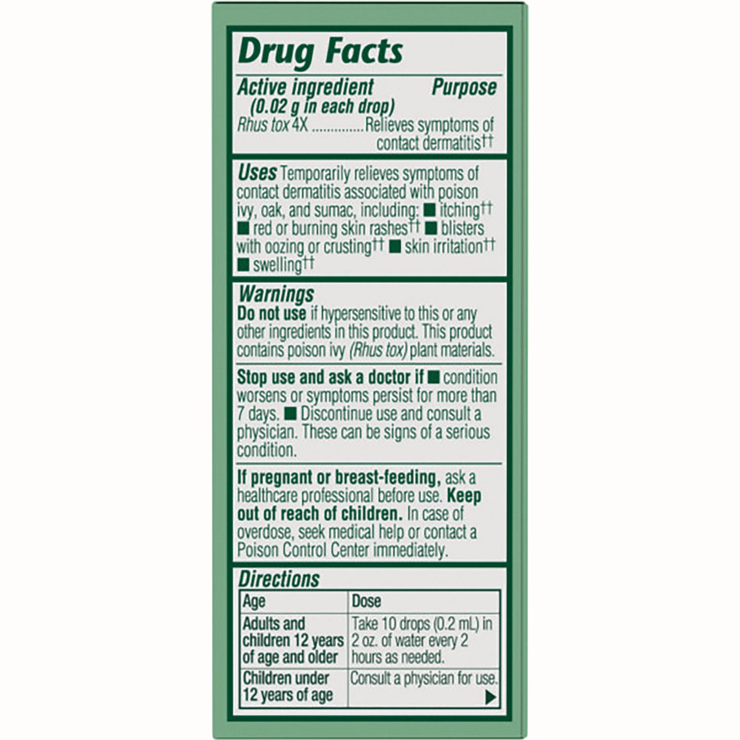 BRK054 | Drug Facts back panel showing active ingredient Rhus tox, uses, warnings and directions
