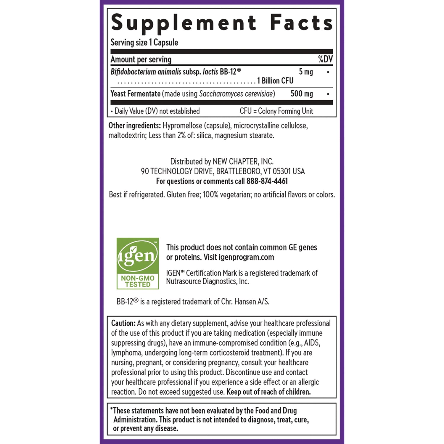 NWC390 | Back label showing Supplement Facts, ingredients, non-GMO logo and warning/caution text