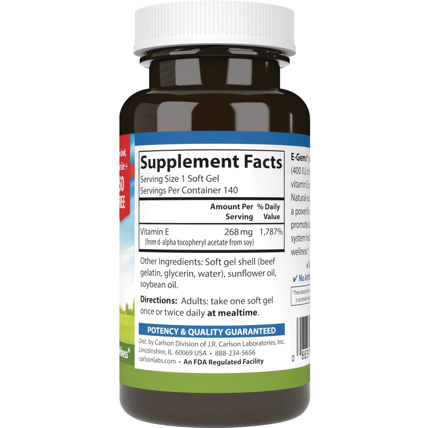 CSN001 | Back label showing Supplement Facts panel, vitamin E amount, directions and ingredients on a brown bottle