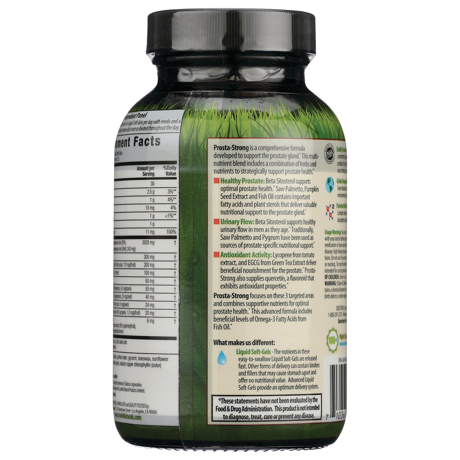 IR071 | Back label of green supplement bottle showing Supplement Facts panel and product information