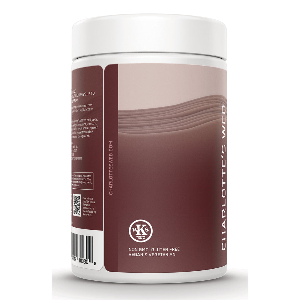 CHW047 | brown supplement jar label showing Charlotte's Web branding, non GMO gluten free vegan & vegetarian badge and barcode - Thumbnail