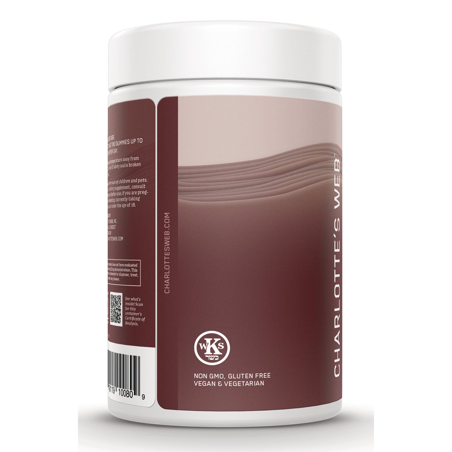 CHW047 | brown supplement jar label showing Charlotte's Web branding, non GMO gluten free vegan & vegetarian badge and barcode