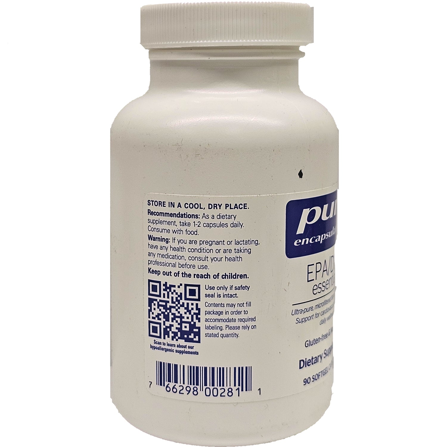 PRN152 | Back of white supplement bottle label showing storage instructions, QR code and barcode