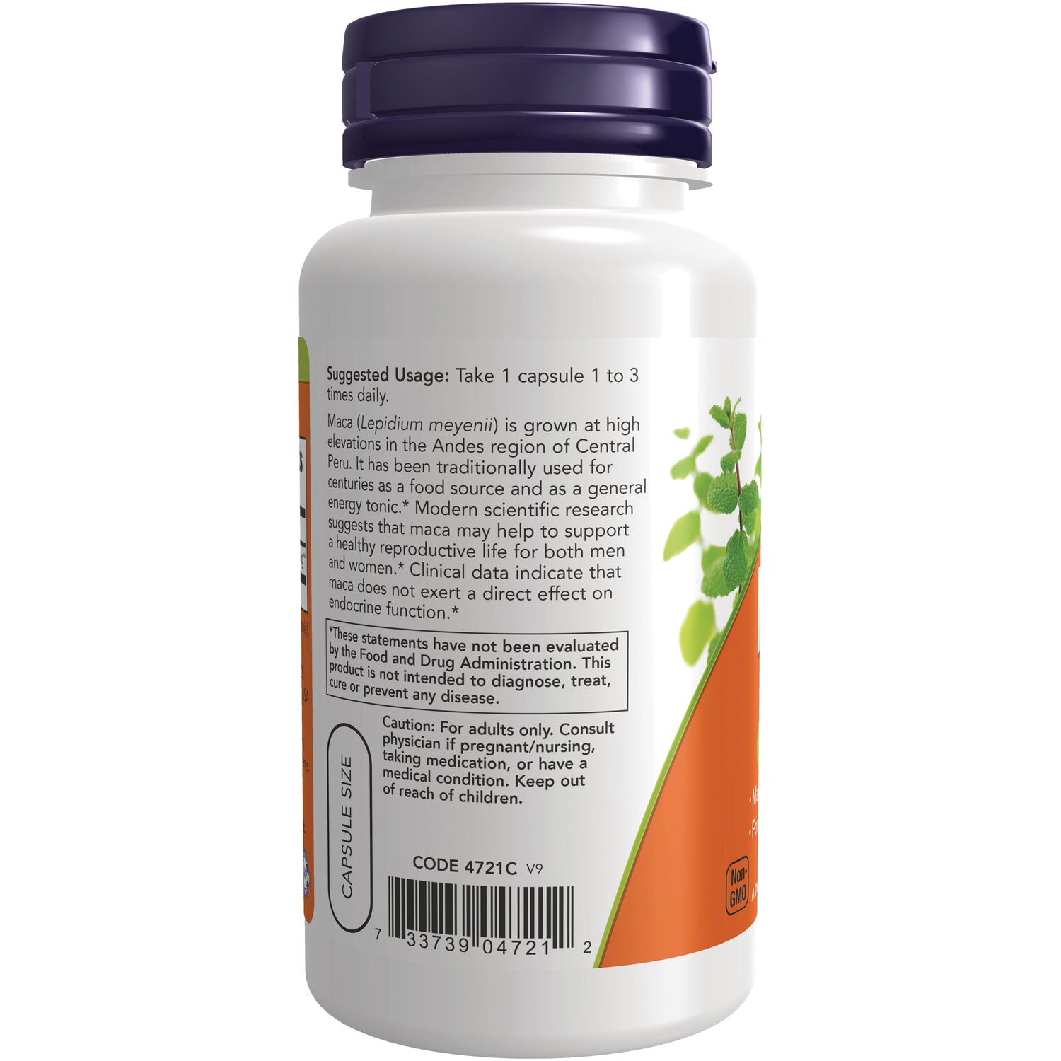 NWF136 | Back of white supplement bottle showing suggested usage text, caution panel, barcode and small plant illustration