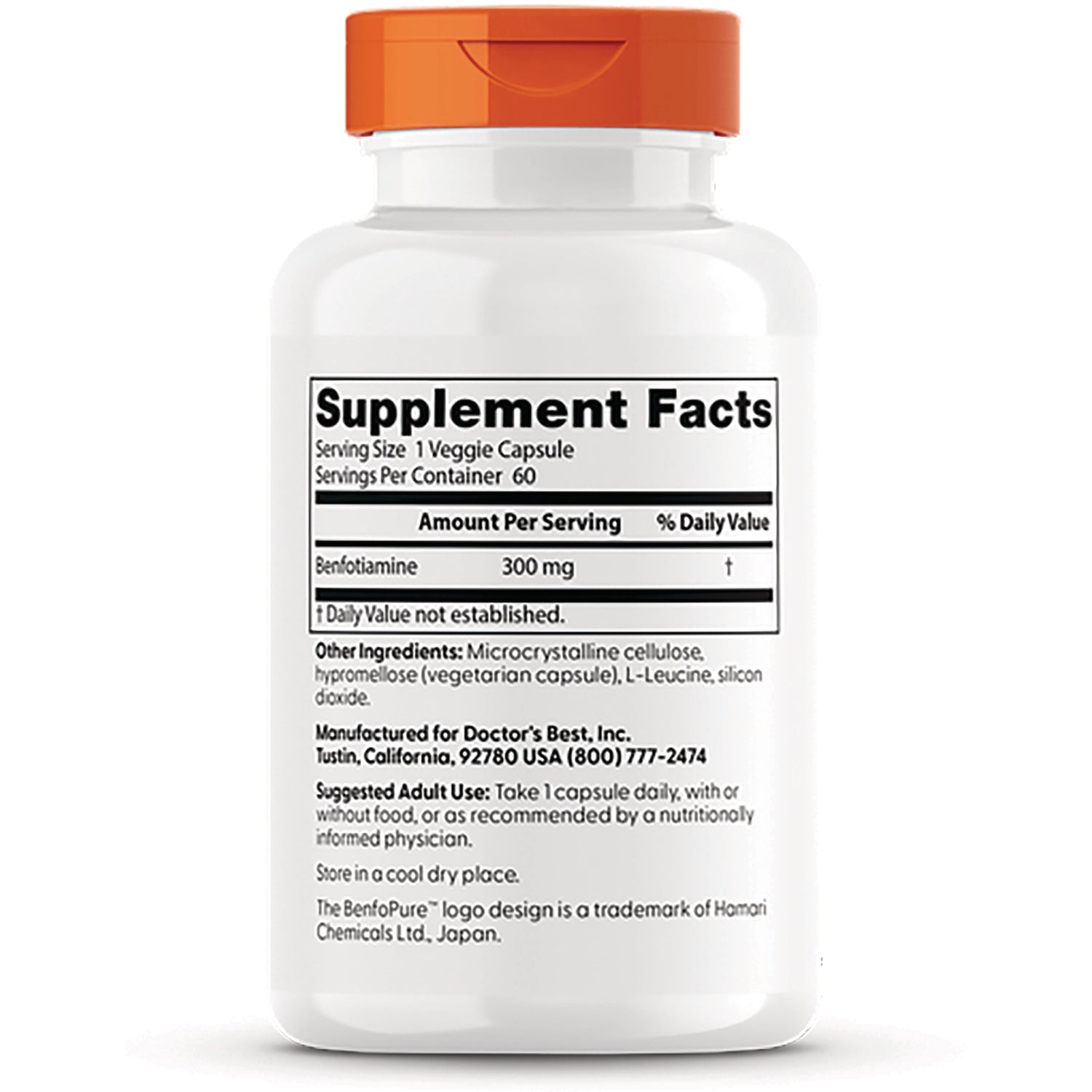 DB170 | Back of white supplement bottle with orange cap showing Supplement Facts panel and ingredients