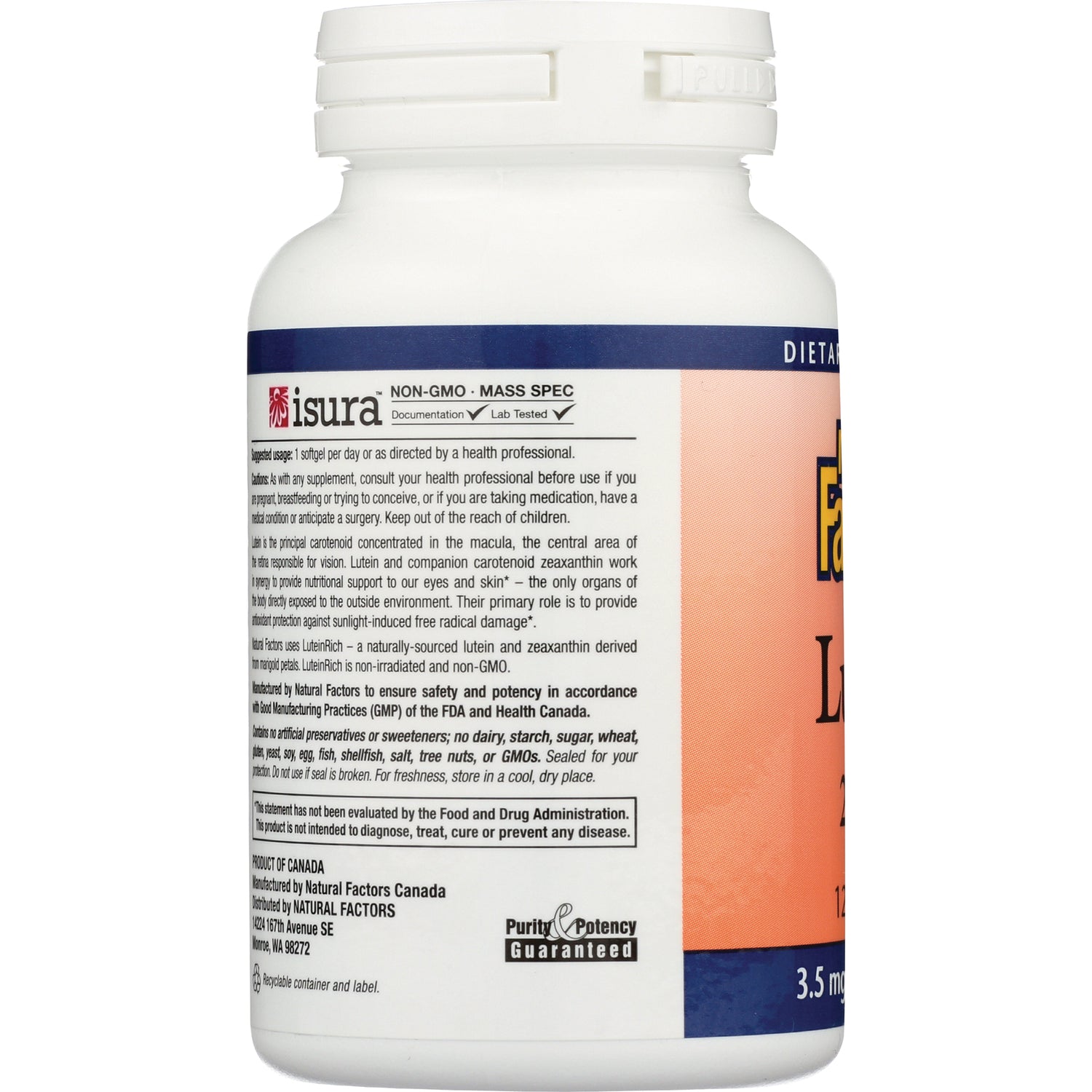 NFC070 | back of white supplement bottle showing ingredient, usage, and warning label with Purity & Potency Guaranteed