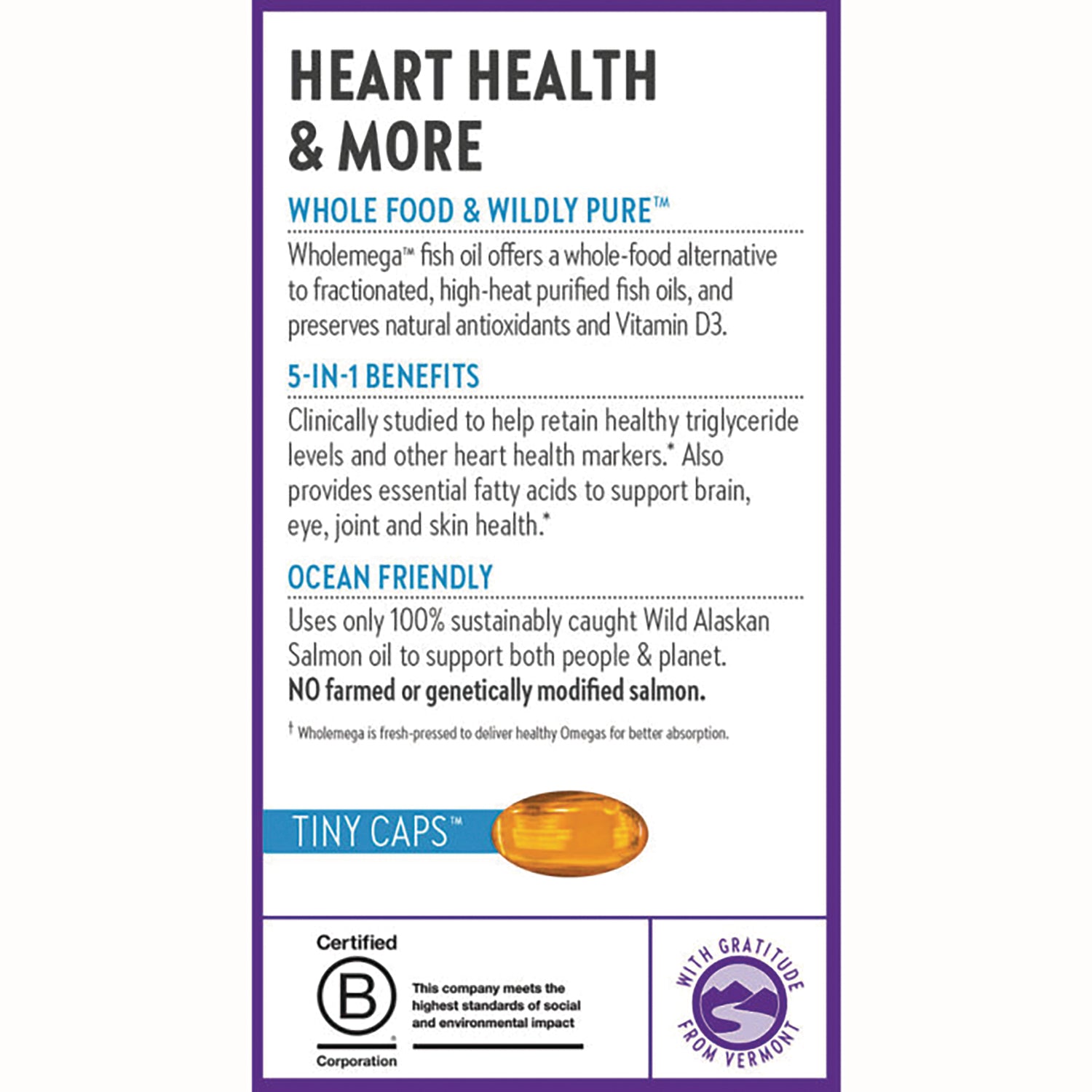NWC317 | product infographic listing heart health benefits, 5-in-1 benefits, ocean friendly sourcing, and tiny caps softgel