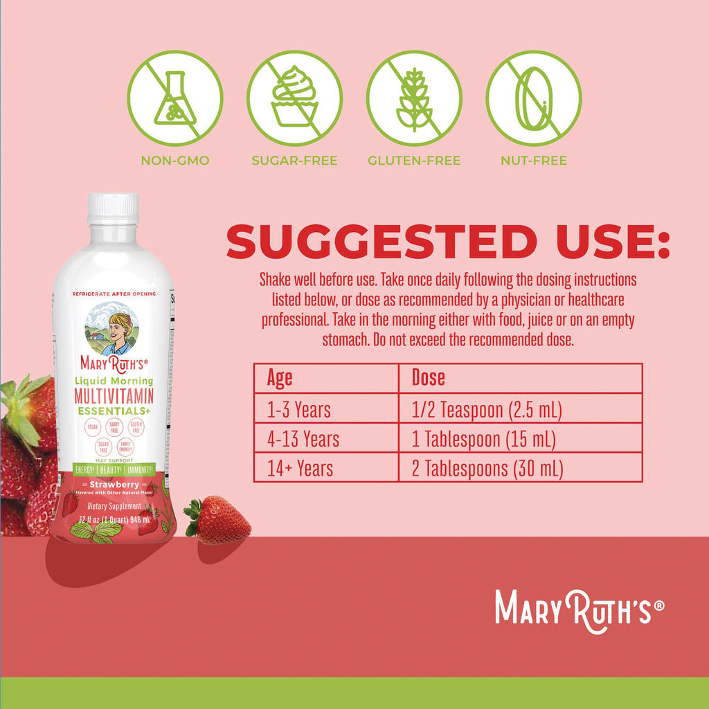 MRR025 | back label showing suggested use dosing chart, non-GMO sugar-free gluten-free icons and strawberry multivitamin bottle - Thumbnail