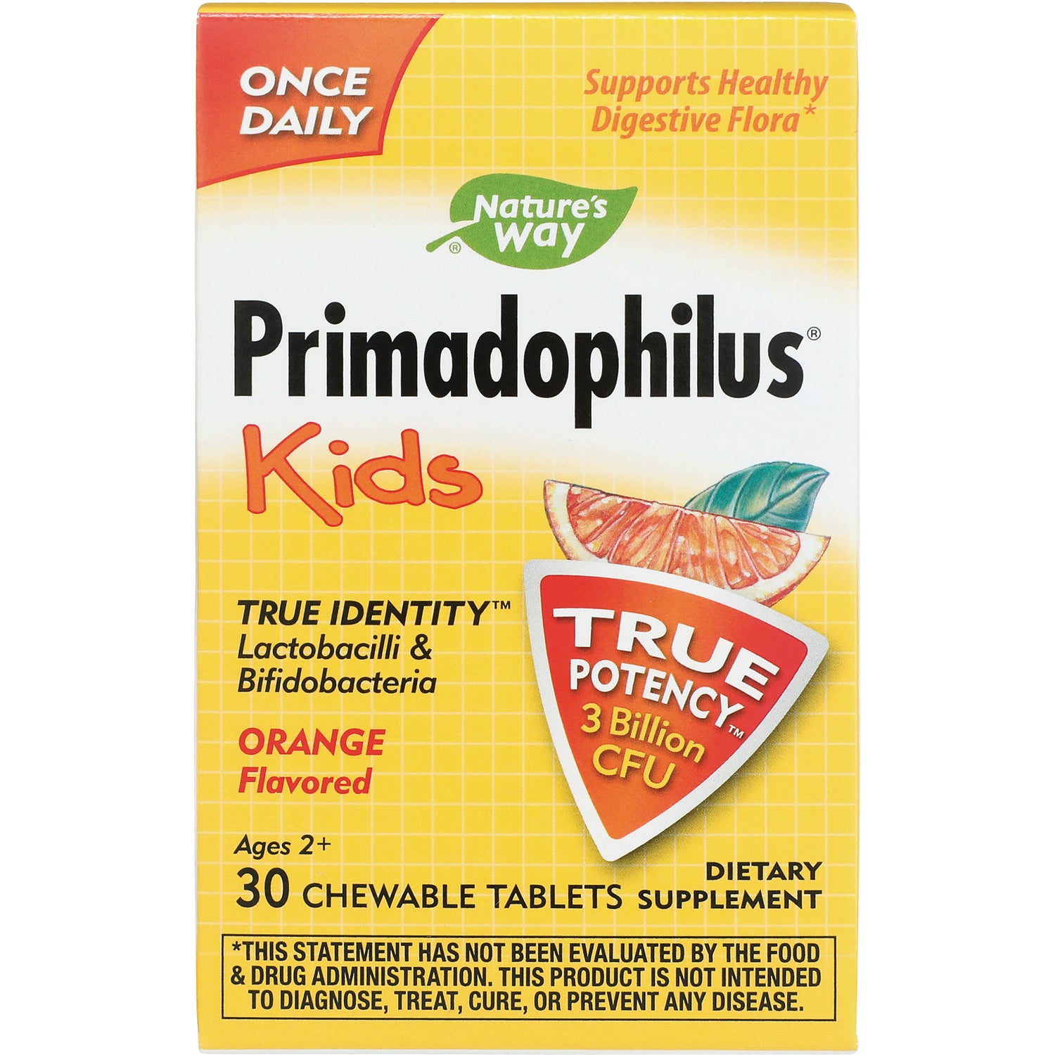 NW644 | Nature's Way Primadophilus Kids orange flavored box, 30 chewable tablets, true potency 3 billion CFU