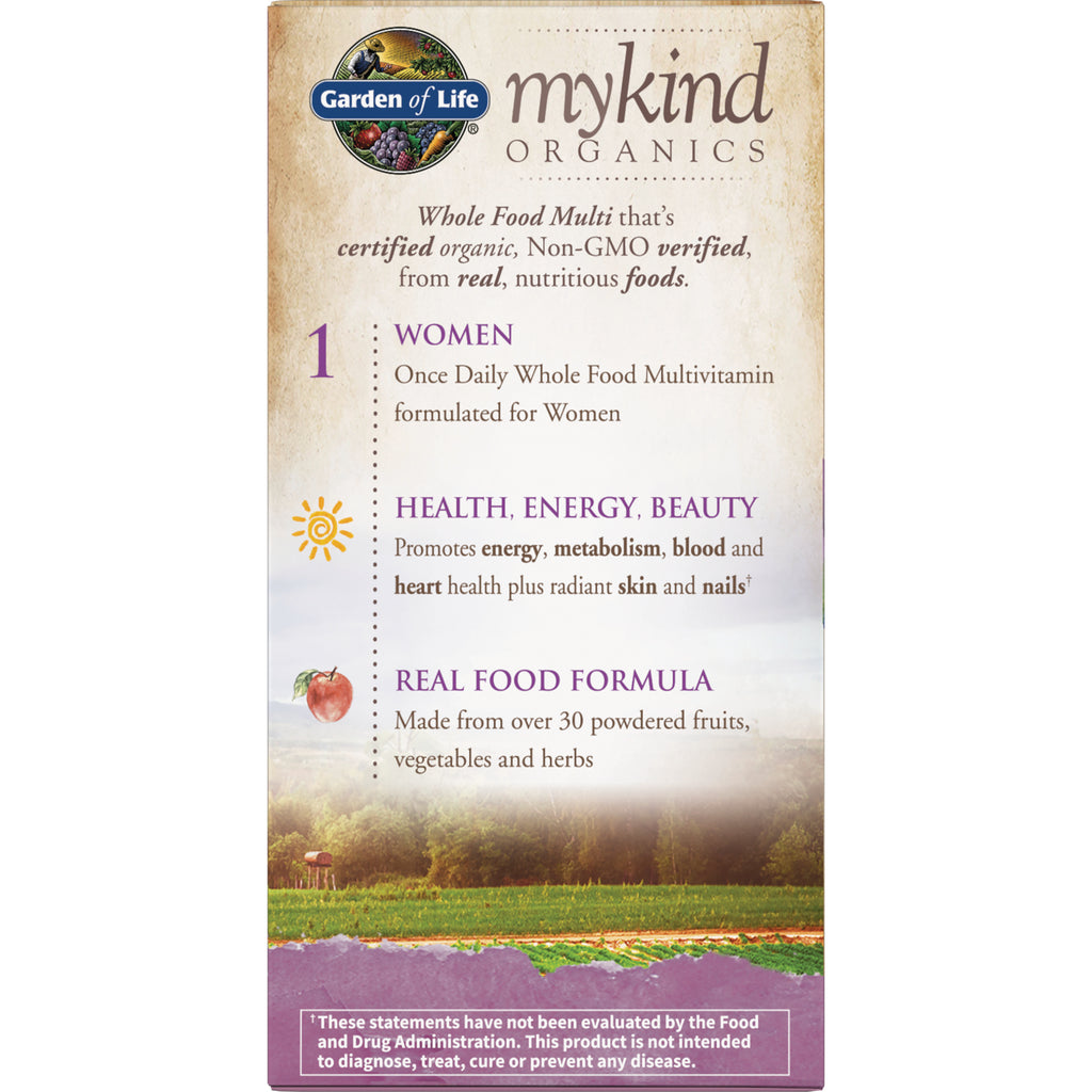 Garden of Life mykind Organics product infographic listing benefits for women: health, energy, beauty and real food formula - Thumbnail