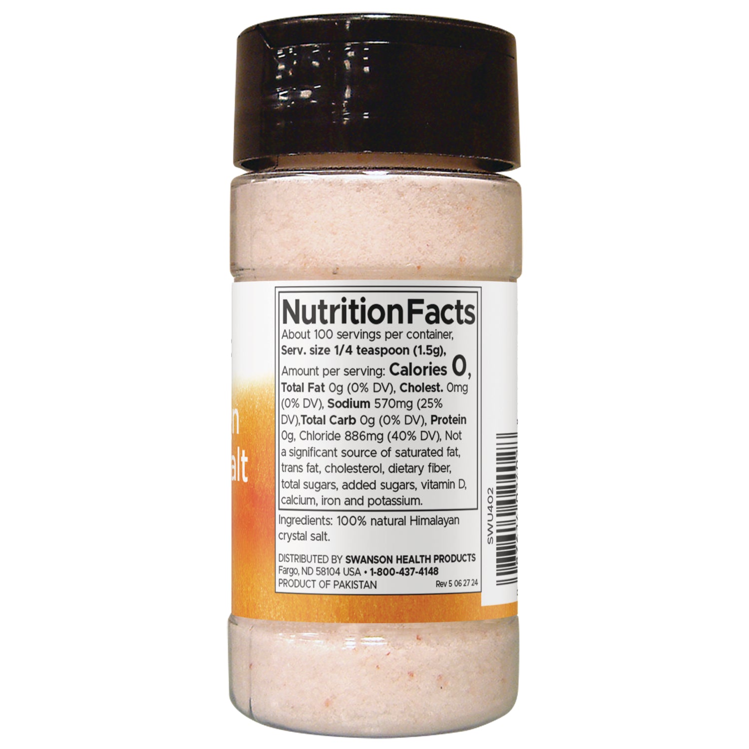 SWU402 | Back label with Nutrition Facts and ingredients for Himalayan crystal salt