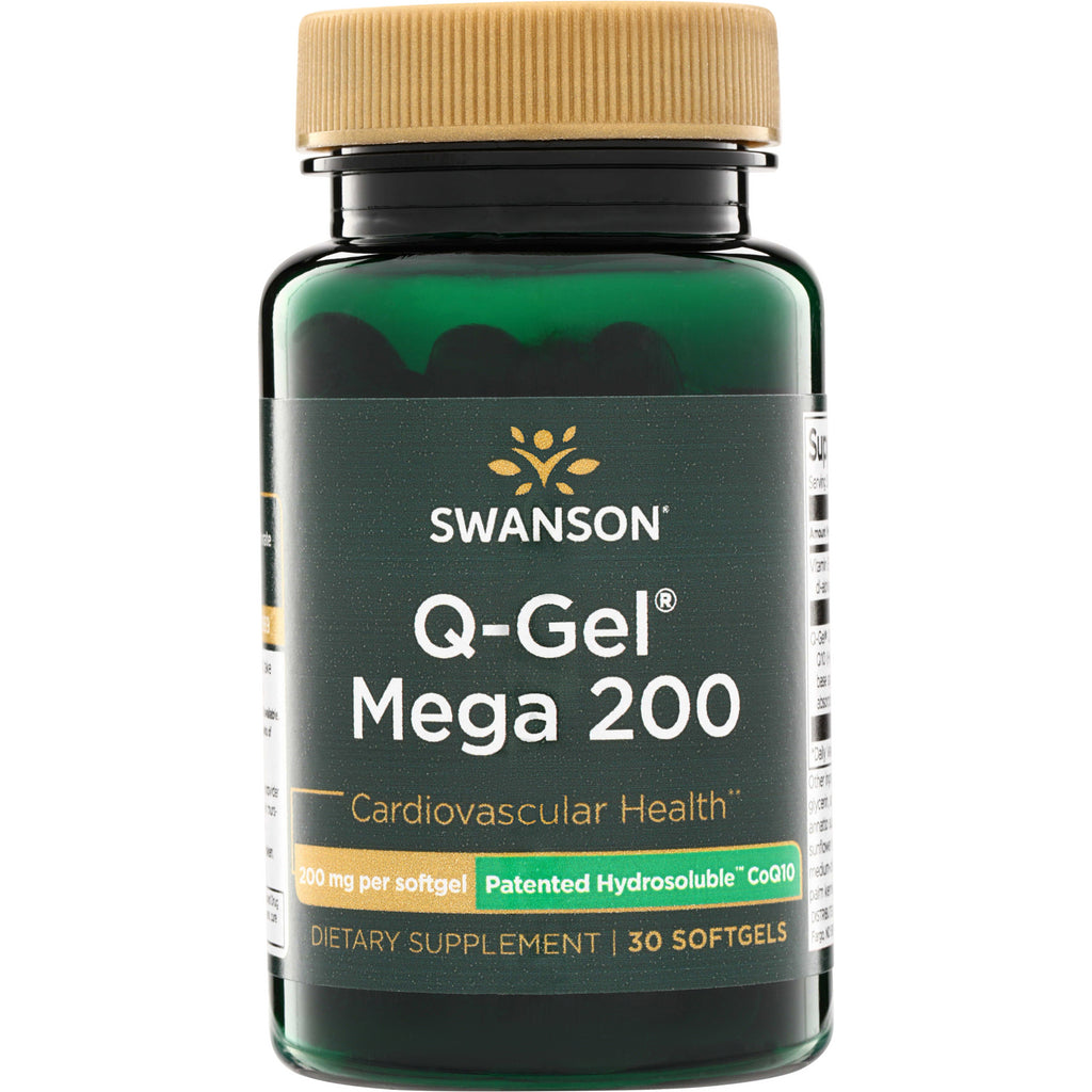 SWU512 | Swanson Q-Gel Mega 200 with Patented Hydrosoluble CoQ10, bottle front; 200 mg per softgel, 30 softgels - Thumbnail