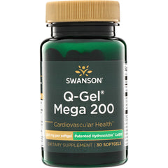 SWU512 | Swanson Q-Gel Mega 200 with Patented Hydrosoluble CoQ10, bottle front; 200 mg per softgel, 30 softgels
