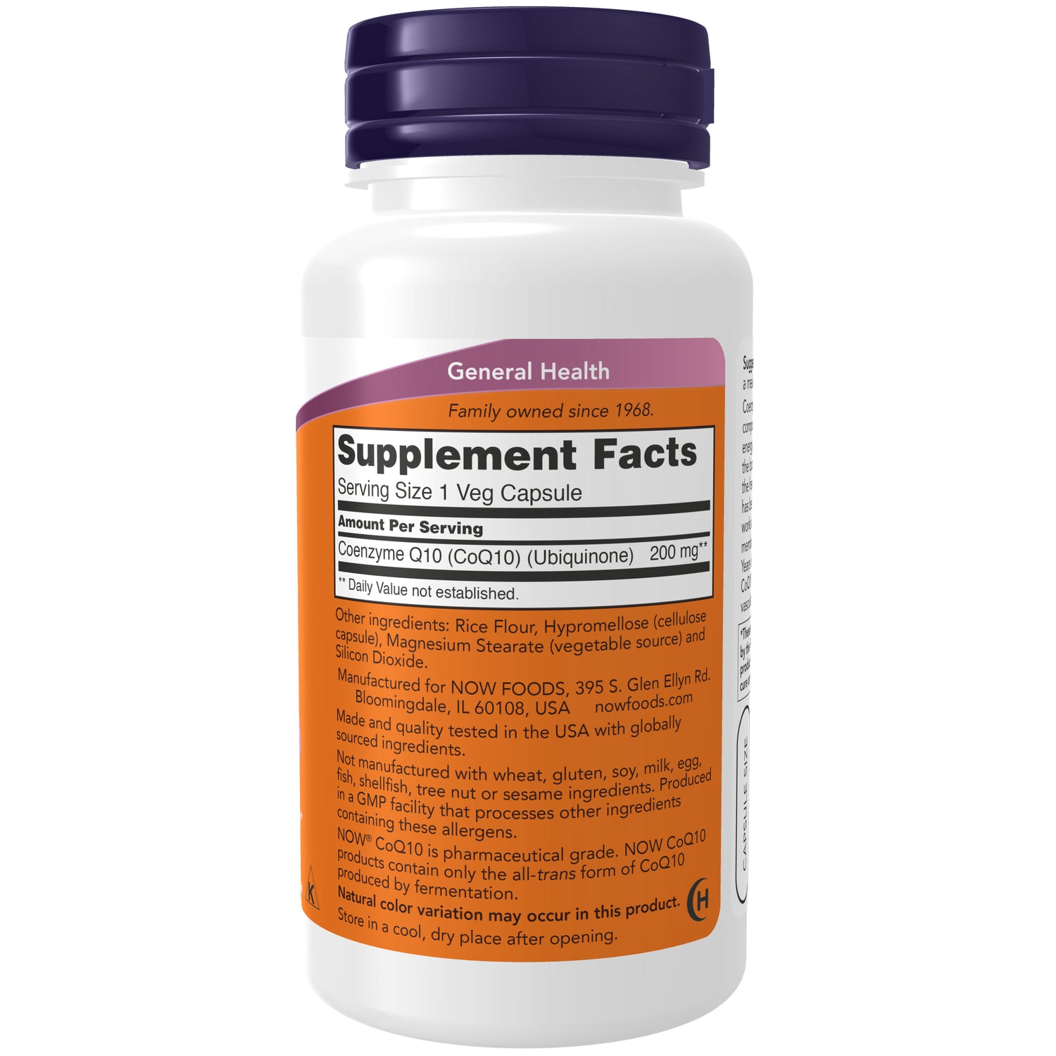 NWF120 | back of white supplement bottle showing Supplement Facts label and CoQ10 200 mg serving