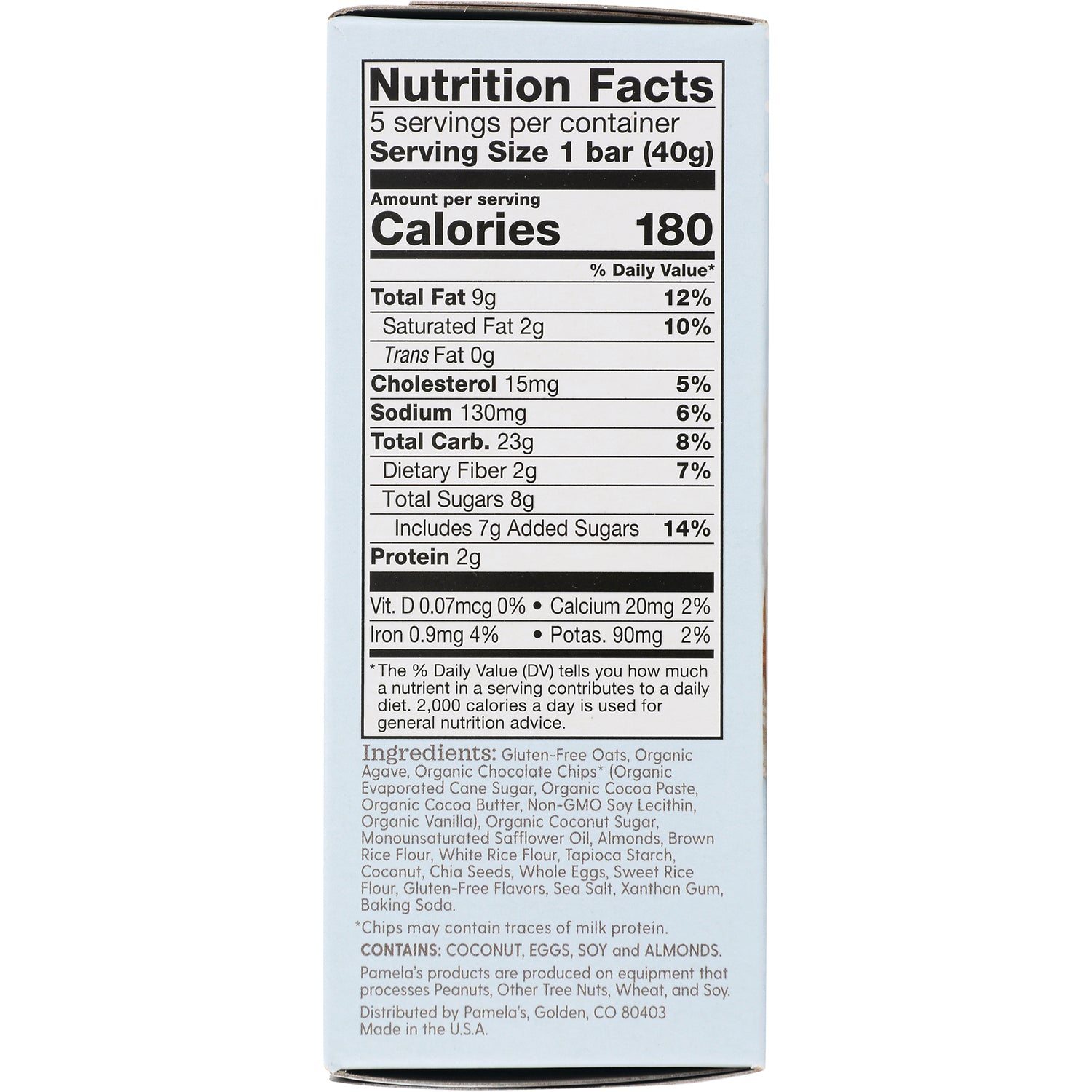 PAM012 | nutrition facts panel showing Serving Size 1 bar, Calories 180, Total Fat 9g and ingredients list