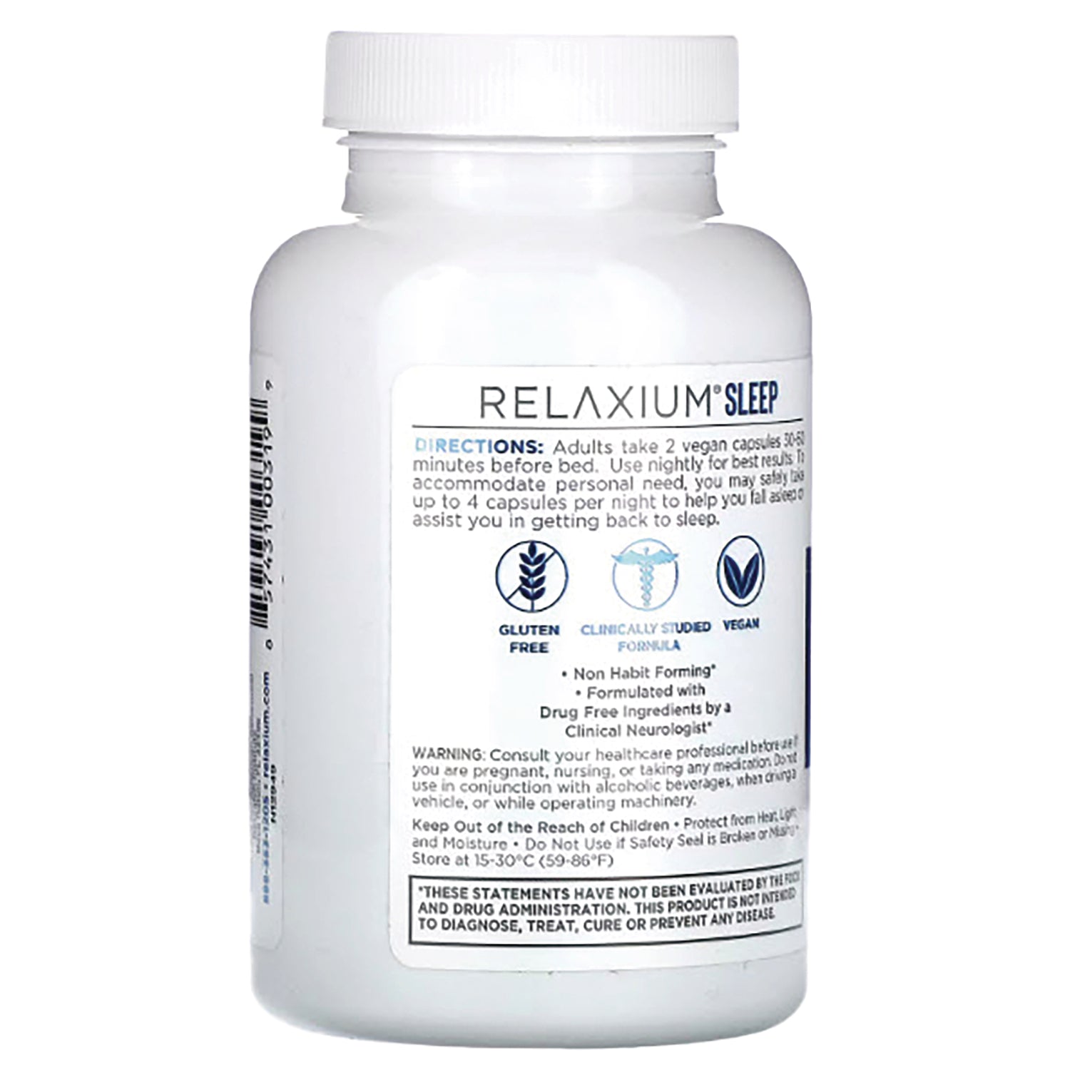 REL001 | Back of white Relaxium Sleep supplement bottle showing directions, gluten free and vegan icons, and warning text