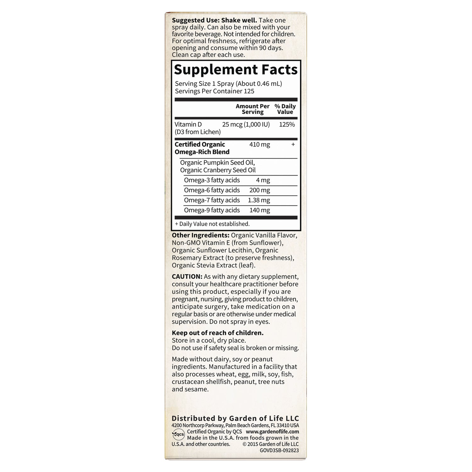 GLF187 | back label with Supplement Facts, serving size, organic omega-rich blend, ingredients and cautions