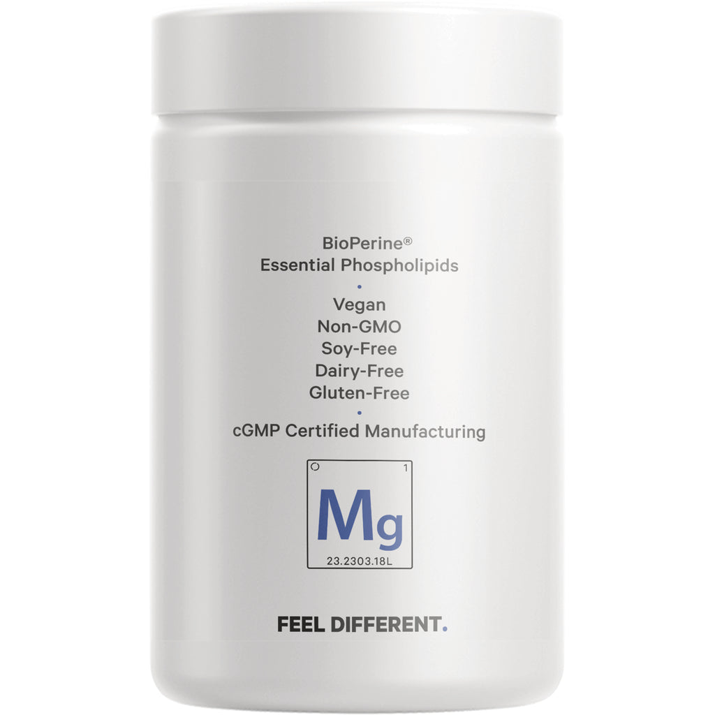 CDG011 | Back label of white supplement jar listing BioPerine, essential phospholipids, vegan, non-GMO, soy-free, dairy-free, gluten-free, cGMP - Thumbnail