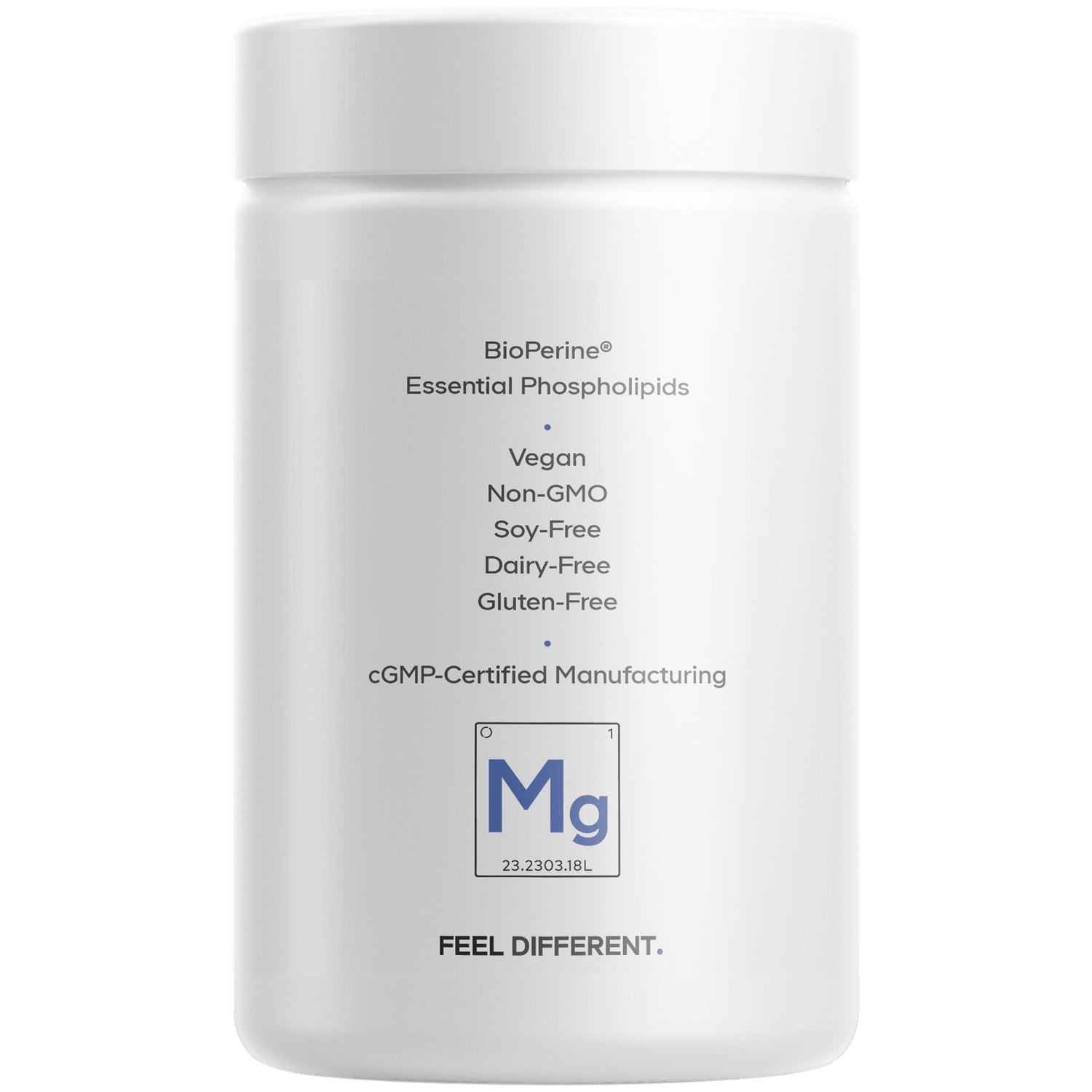 CDG011 | Back label of white supplement jar listing BioPerine, essential phospholipids, vegan, non-GMO, soy-free, dairy-free, gluten-free, cGMP